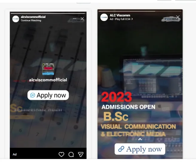 ALC Viscomm Instagram story ads for 2023 admissions with Apply now buttons