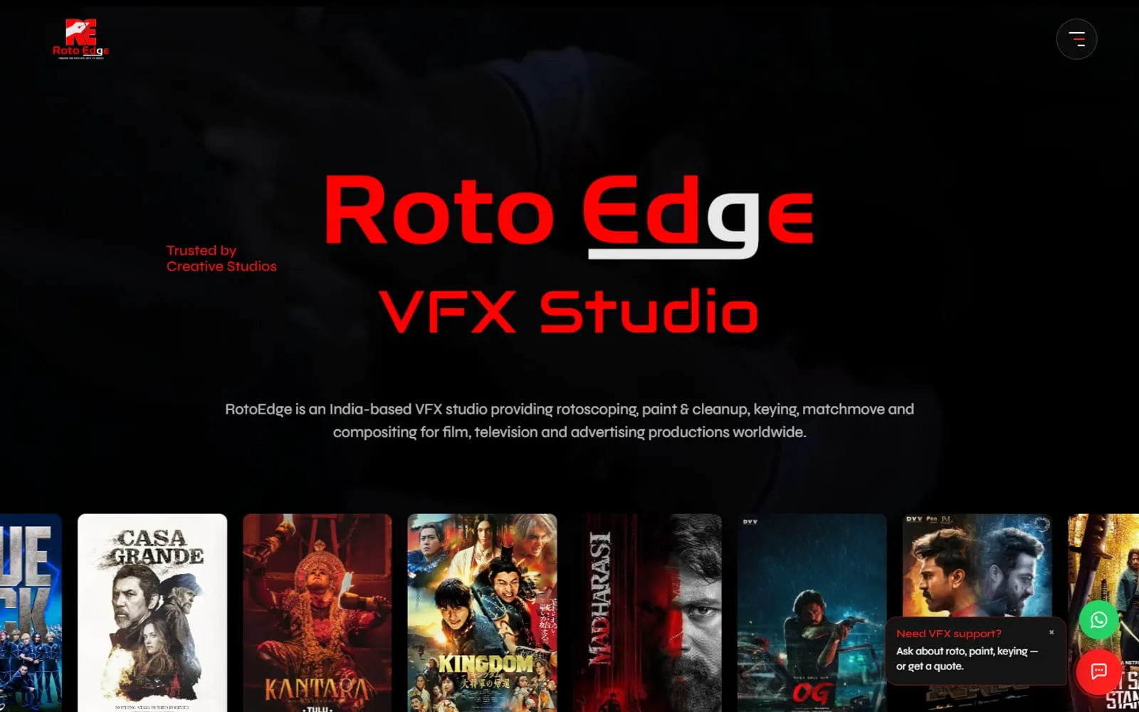 RotoEdge VFX Studio website homepage with a dark cinematic hero and a strip of film posters