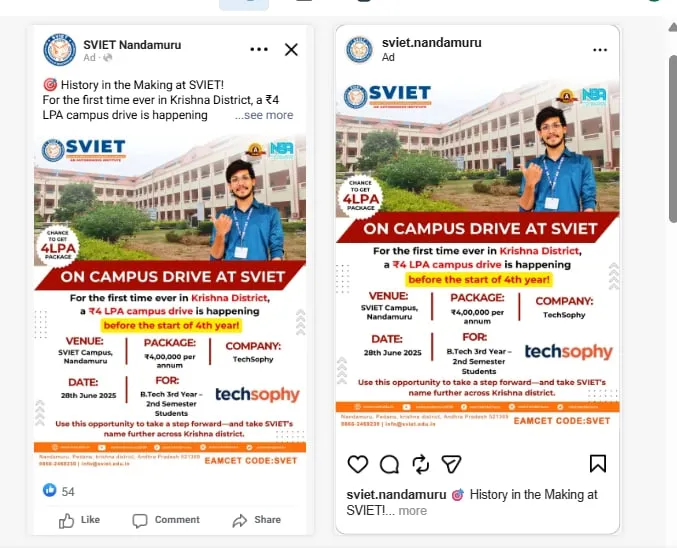 SVIET ad announcing a ₹4 LPA on-campus placement drive on 28 June 2025