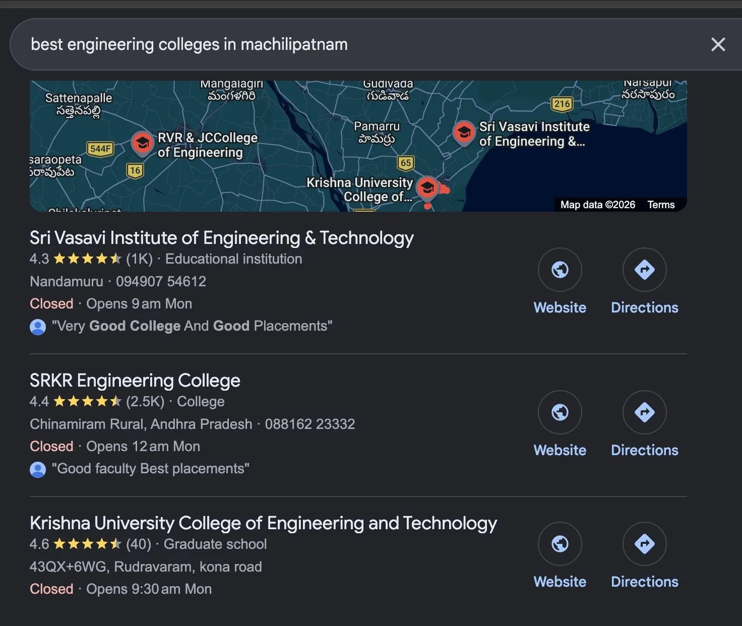 Google Maps results for best engineering colleges in Machilipatnam, with Sri Vasavi Institute of Engineering and Technology listed first, rated 4.3 from 1K reviews