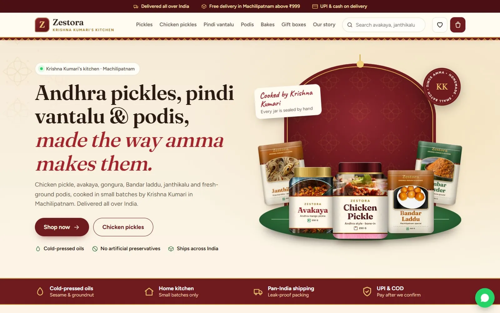 Zestora website homepage showing Andhra pickles and podis in jars with a Shop now button